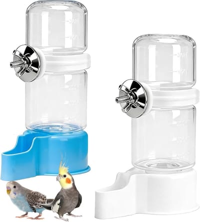 Automatische vogelbadjes voor parkieten en kanaries, 140 ml, eenvoudig te installeren, hygiënische watertoevoer, kleur wit en blauw