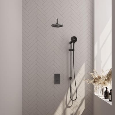 Brauer Gunmetal Carving Thermostatische Regendoucheset Inbouw - Hoofddouche 20 cm - Gebogen Wandarm - 3 Weg - Handdouche 3 Standen - Doucheslang - Geintegreerde Glijstang - Gunmetal