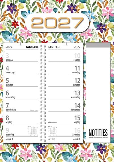 MGPcards - Telefoon(omleg)kalender 2027 - Week begint op zondag - 24 x 34 cm - Bloemen - Gekleurd