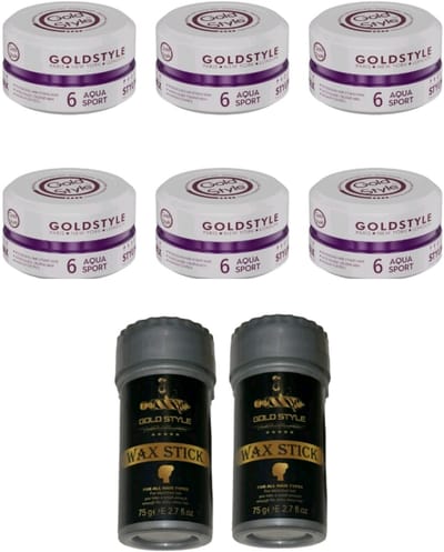 Gold Style Aqua Sport wax 6 (6 Stuks) 900ML + 2 x 75 Gram Gold Style Wax stick - Haar wax Mannen - Styling Wax - Wax stick - haar stick