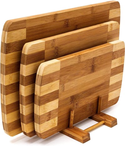 Dutchers® Bamboe Snijplankenset met Houder - 3-Delig - 39 x 25.5 x 1.6cm - Voor Keuken, Snijplanken, Serveerplank, Kaasplank, Borrelplank en Tapasplank - Snijplank Bamboe