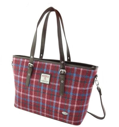 Schoudertas Spey Tote bag Bordeaux rood met roze blauwe ruit - Groot - Ritssluiting - Harris Tweed - Glen Appin of Scotland