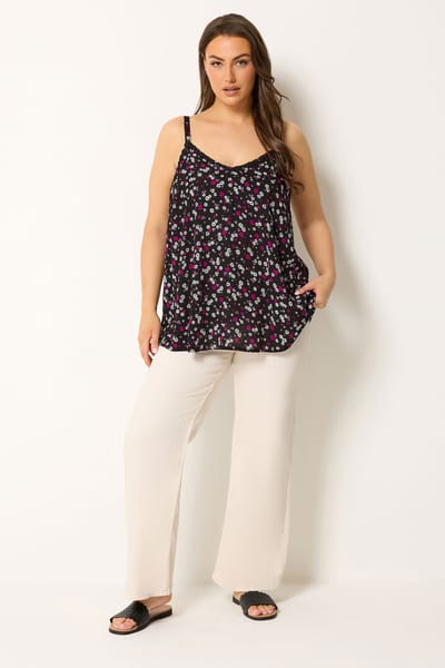 Yours Zwarte Camitop Met Bloemenrand Size 42