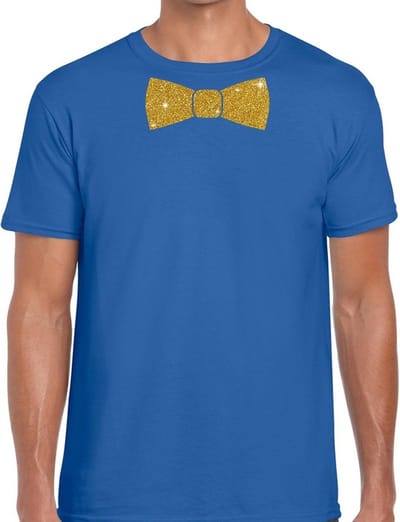Feestkleding t-shirt - met gouden strikje - blauw - voor heren - vlinderdas - glitter and glamour S