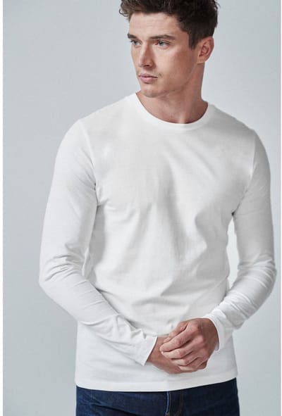 Next - Heren - Slim-fit T-shirt met lange mouwen en ronde hals - Wit