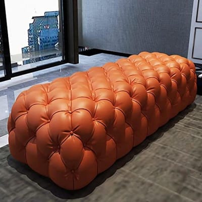 Leren Poef - Voetenbank Zitje - Ontspannen Zitten - Stevige Houten Frame - 70x45x42cm - Oranje