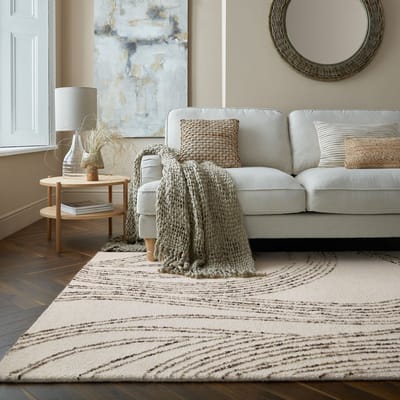 Flycarpets Abstract Swirl Modern Laagpolig - 100% Wol Vloerkleed - Naturel / Bruin / Beige - 120x170 cm