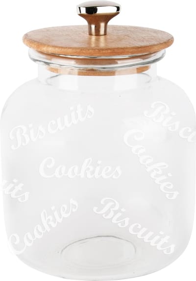 Dekoratief | Bewaarpot 'Cookies/Biscuits', transparant, glas/hout, 17x17x22cm | A248481