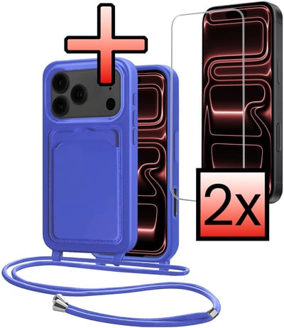 Hoes Geschikt voor iPhone 17 Pro Hoesje Pasjeshouder Cover Met Koord Case Siliconen Hoes Met Telefoonkoord en Kaarthouder Met 2x Screenprotector - Felblauw