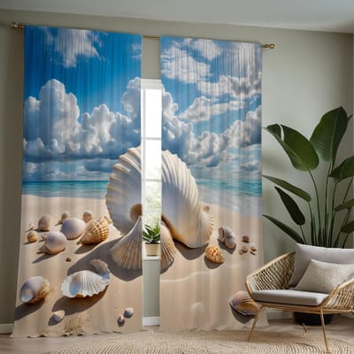 2 stuks HD Blauwe Lucht Witte Wolk Strand natuurlijke schelp decoratie gordijn Blauwe strik digitaal bedrukt gordijn Woondecoratiestijl De W52H84inchW132H213cm