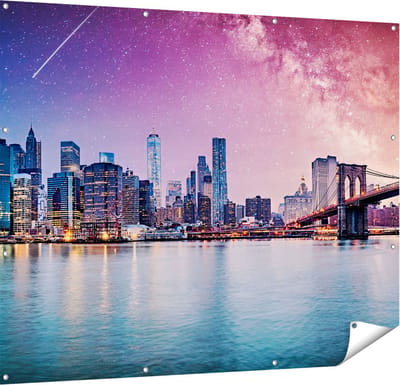 Gards Tuinposter New York Skyline met een Kleurrijke Hemel - 150x120 cm - Tuindoek - Tuindecoratie - Wanddecoratie buiten - Tuinschilderij