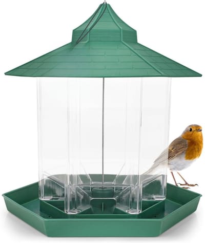 Famanu – Vogelhuisje om op te hangen - vogelvoederhuis - groen - van kunststof - vogelvoederdispenser voor tuin - balkon - terras - voederlantaarn voor mezen - mussen