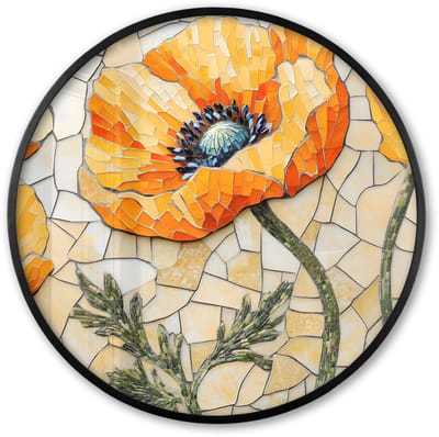 Poster in lijst Rond - Fotolijst 60x60 cm - Posters - Klaprozen - Oranje - Mozaïek - Bladeren - Ronde posterlijst zwart - Decoratie - Wanddecoratie woonkamer - Muurdecoratie slaapkamer