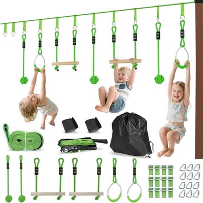 Kabelbaan Set - Avontuurlijke Speelset - Buiten Spelen - Inclusief Klimaccessoires - 10 Meter - Groen