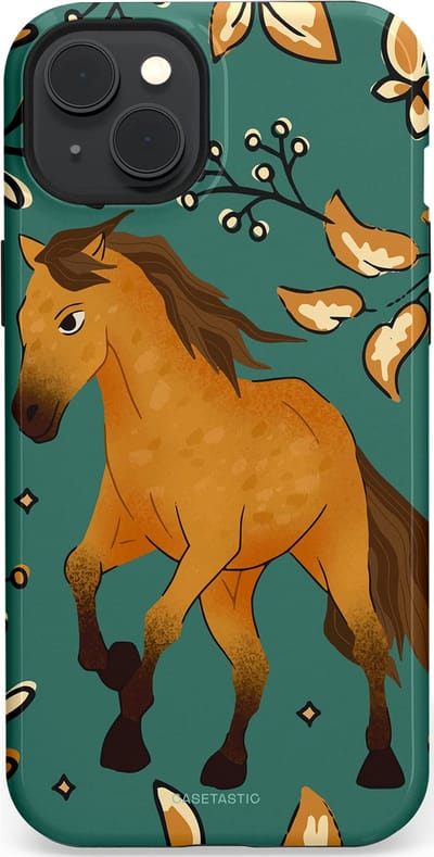 Casetastic Hoesje Geschikt voor Apple iPhone 15 Plus Magsafe - Stijlvolle Beschermende Duo-layer Case - Groene bruine Paarden elegantie - Paris