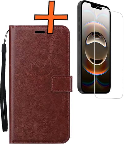 Hoes - Met Screenprotector - Geschikt voor Apple iPhone 16e - Luxe Pasjeshouder - Bookcase Portemonee - Flip Case - Kunstleer Book Case - Flipcase - Book Cover - Walletcase - PortemonneeHoes - Bruin