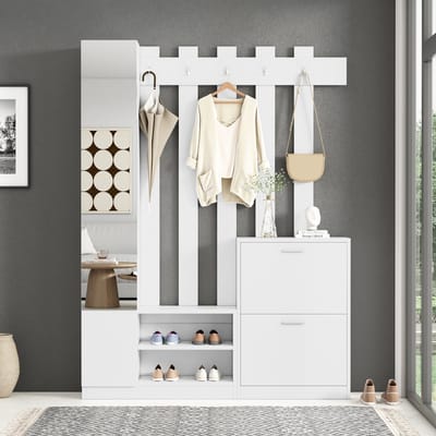 MODFU - Garderobeset Met Spiegel En Schoenenkast - Wandgarderobe Voor Hal - Spaanplaat - Wit - 135 X 25 X 180 Cm