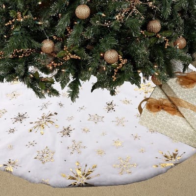 Witte Kerstboomrok van 90 cm met Pluche, Gouden Pailletten en Sneeuwvlokken voor Feestdagen en Kerstdecoratie
