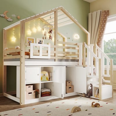 Hoogslaper 90x200 cm - Huisvorm Met Bedhek En Opbergtrap - Meerdere Opbergvakken - Hout - Wit en Naturel