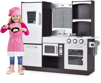 COSTWAY Kinderkeuken met koelkast, houten speelkeuken, incl. speelaccessoires, voor kinderen vanaf 3 jaar, bruin, 97 x 30 x 95 cm
