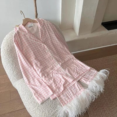 Ensemble Deux Pièces Pantalon à Manches Longues en Plumes d'Autruche Pyjama pour Femmes Vêtements d'Intérieur de Luxe Carreaux Roses Plumes Pyjama Vêtements de Fête Nouveauté S rose