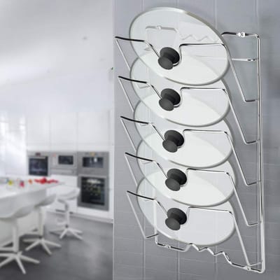 Dailygoods- Pannendekselrek Wandmontage - Beveiligt 5 Deksels - Keukenorganisatie - Ruimtebesparend - Opbergoplossing - Veilig en Toegankelijk - Dekselhouder