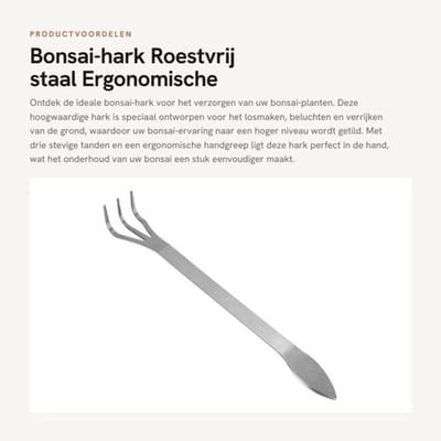 Bonsai-hark roestvrij staal - 3 tanden - ergonomische handgreep - tuingereedschap - onkruidverwijderaar - grond beluchten
