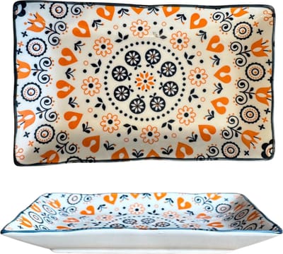 Serveerschaal voor Sushi, Tapas en Hapjes - Rechthoek bord 21x13CM - Oranje/Blauw Boho Bloemen patroon - Keramiek bordje