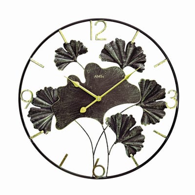 AMS W9704 - Wandklok - Analoog - Quartz uurwerk - Rond - Metaal - Ginkgo bladeren - Cijfers - Strepen - Zwart - DonkerGroen - Goudkleurig - D 50 x 4 cm