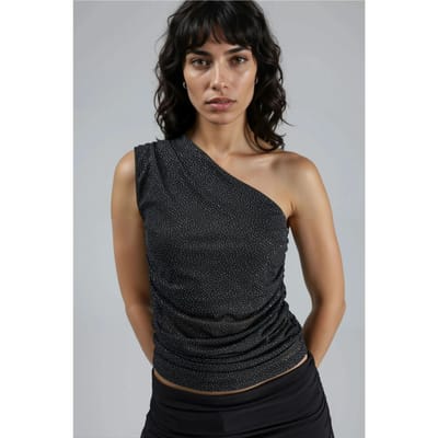 Slim Fit Glanzende Mouwloze Blouse met Asymmetrische Kraag