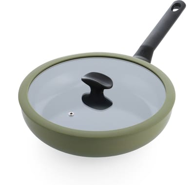 BK Enjoy Hapjespan 28cm met deksel – 3.4L – PFAS-vrije antikleeflaag – Hapjespan inductie – Keramische pan - Ovenbestendig tot 160°C – Koudgrepen - Met glazen deksel - Olijfgroen