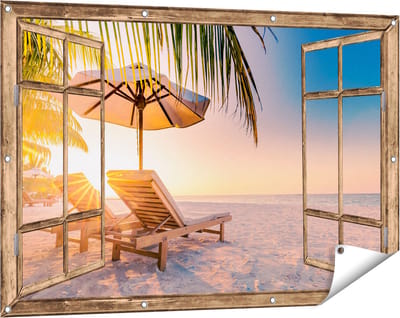 Gards Tuinposter Doorkijk Tropisch Strand tijdens Zonsondergang - 120x80 cm - Tuindoek - Tuindecoratie - Wanddecoratie buiten - Tuinschilderij