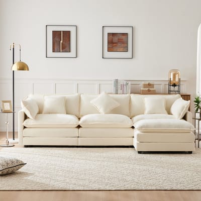 3-zits chenille bank met voetenbank - om te vormen tot L-vorm - 3-4 personen - beige - pocketvering en schuimvulling - incl. arm- en lendenkussens