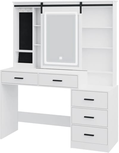 Kaptafel met verstelbare ledverlichting, afneembare grote spiegel, sieradenopbergruimte, open planken, 5 lades en bijzettafel, voor de slaapkamer
