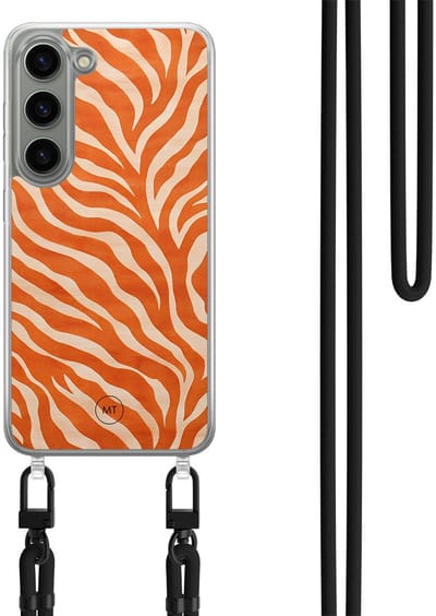 Hoesje met koord geschikt voor Samsung Galaxy S23 - Zebra oranje - Inclusief Zwart koord - Crossbody beschermhoes - Transparant, Oranje - Mooie Telefoonhoesjes