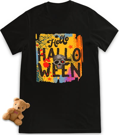 T shirt jongens en meisjes 'Hello Halloween' -  Halloween tshirt voor kinderen - Maten: 92 t/tm 164 - T-shirt kleur: zwart.