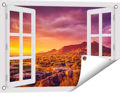 Gards Tuinposter Doorkijk Woestijn Landschap met Zonsondergang - 60x40 cm - Tuindoek - Tuindecoratie - Wanddecoratie buiten - Tuinschilderij