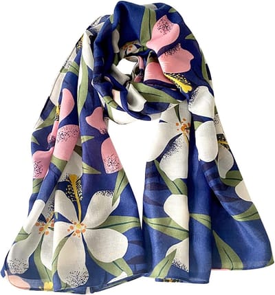 Herringbone Sjaal voor Dames met Vlinder en Bloemenprint - Lichte Katoenen Sjaal voor Lente en Zomer, Ideaal voor Strand en Bescherming tegen de Zon, Navy Blauw, One Size