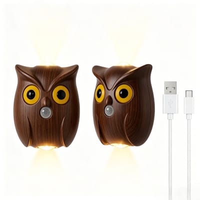 Uil Wandlamp met Sensor - Set van 2 - Type-C Oplaadbaar - 3 Kleurstanden - Magnetische Wandbevestiging - Dimbaar - Draadloze Sfeerlamp voor Gang & Slaapkamer - 9x7.8cm - Donkerbruin