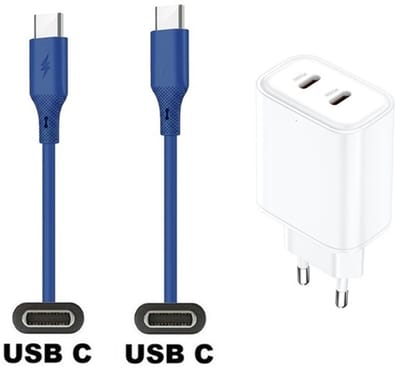 35W super snellader met 2 poorten USB C en USB C + 1,0m USB C naar C kabel. Universele PD lader. Oplader adapter past op Samsung Galaxy S10, S10e, S20, S21, S22, S23, S24, S25, S26 (Edge, FE, Lite, Plus +, Ultra)