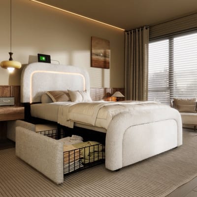 VVBV Gestoffeerd Opbergbed 90x200 cm - 2 Lades, USB, Lattenbodem, Verstelbaar Hoofdbord - Hout Wit - Zonder Matras