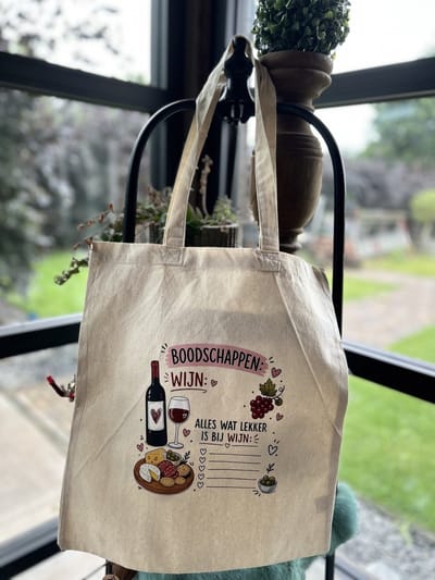 Creaties van Hier - Katoenen Tas Boodschappen - wijn - alles wat bij wijn lekker is: - Katoen - 38x42 cm