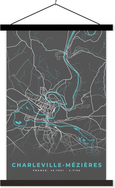 Posterhanger incl. Poster 40x60 cm - Schoolplaat - Charleville-Mézières - Frankrijk - Plattegrond - Kaart - Stadskaart - Textielposter - Zwarte latten - Stadskaart