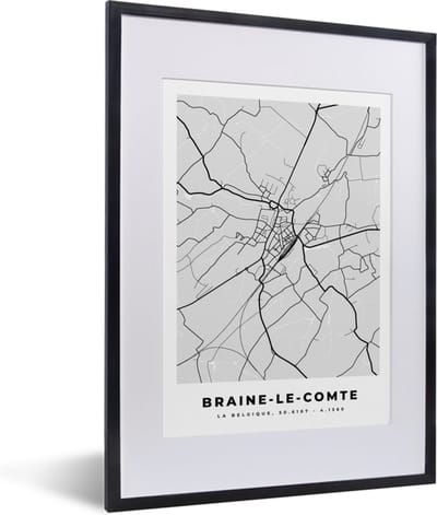 Fotolijst incl. Poster Zwart Wit- België – Braine le Comte – Stadskaart – Kaart – Zwart Wit – Plattegrond - 30x40 cm - Posterlijst