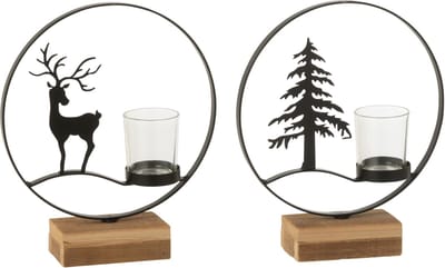 J-Line theelichthouder Rond - hout - zwart/naturel - 2 stuks