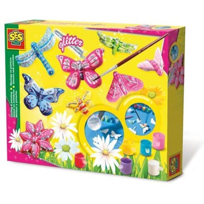 SES Creative - Kit Moulage Plâtre Papillons - 6 Couleurs de Peinture + Pinceau + Paillettes - Activité Créative Enfants 5+