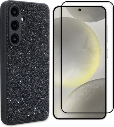 Casemania Hoesje & Volledig Dekkend Glas Geschikt voor Samsung Galaxy S25 - Zwart - Diamant Glitter Back Cover & Glazen Screenprotector