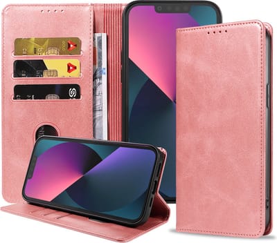 Smartphonica iPhone 13 Mini kunstleren hoesje met magnetische sluiting en pashouders book case - Roze geschikt voor iPhone 13 Mini