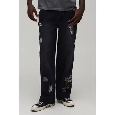 Mono Bloemen Relaxed Fit Jeans | Washed Black | Size 28R