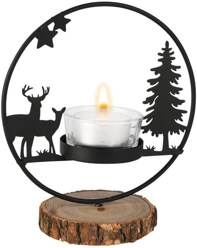 Dekoratief | Theelichthouder boog m/herten, zwart, metaal/hout, 13x8x14cm | A255467